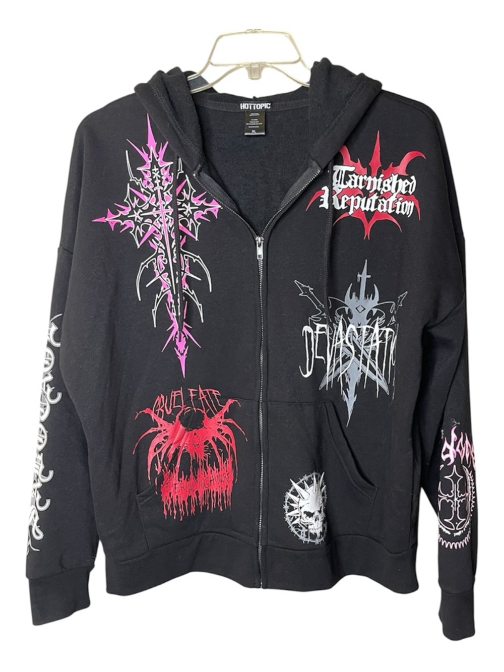 Hot Topic Black Zip Hoodie with Red, Pink and Gray Metal Band Graphics Sz XL - Picture 3 of 5